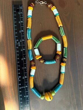 Handcrafted Trade  Bead Necklace & Bracelet Set - Yellow, Green, Teal